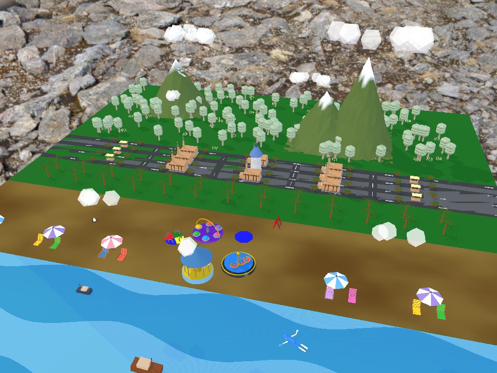 The town seen from the sea: boats and a swimmer in the water, amusement rides and umbrellas on the beach, a village around a wizard tower, oaks and snow-capped mountains behind